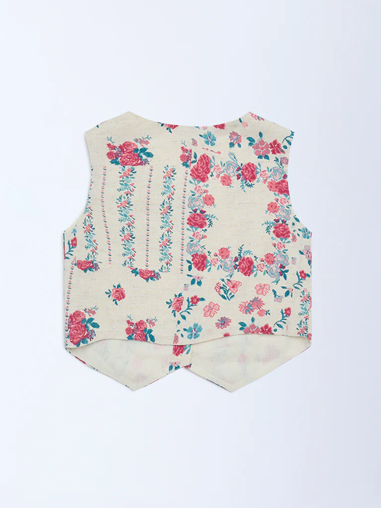 Utsa Kids Girls Off-White Floral Cotton-Blend Waistcoat - (2-8 yrs) - Image 2