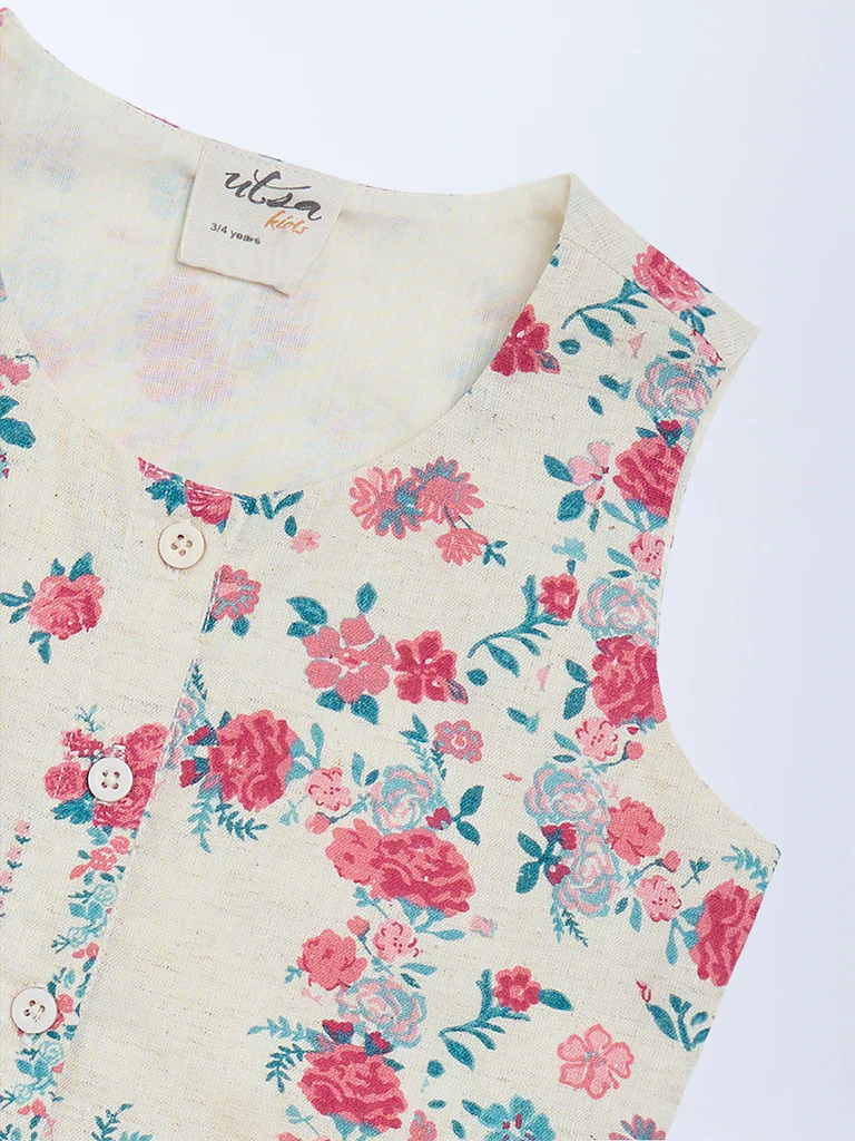 Utsa Kids Girls Off-White Floral Cotton-Blend Waistcoat - (2-8 yrs) - Image 3