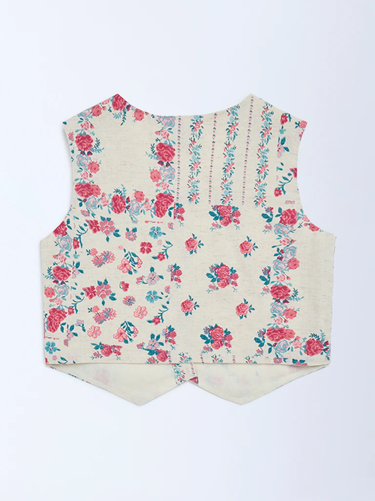 Utsa Kids Girls Off-White Floral Cotton-Blend Waistcoat - (8-14 yrs) - Image 2