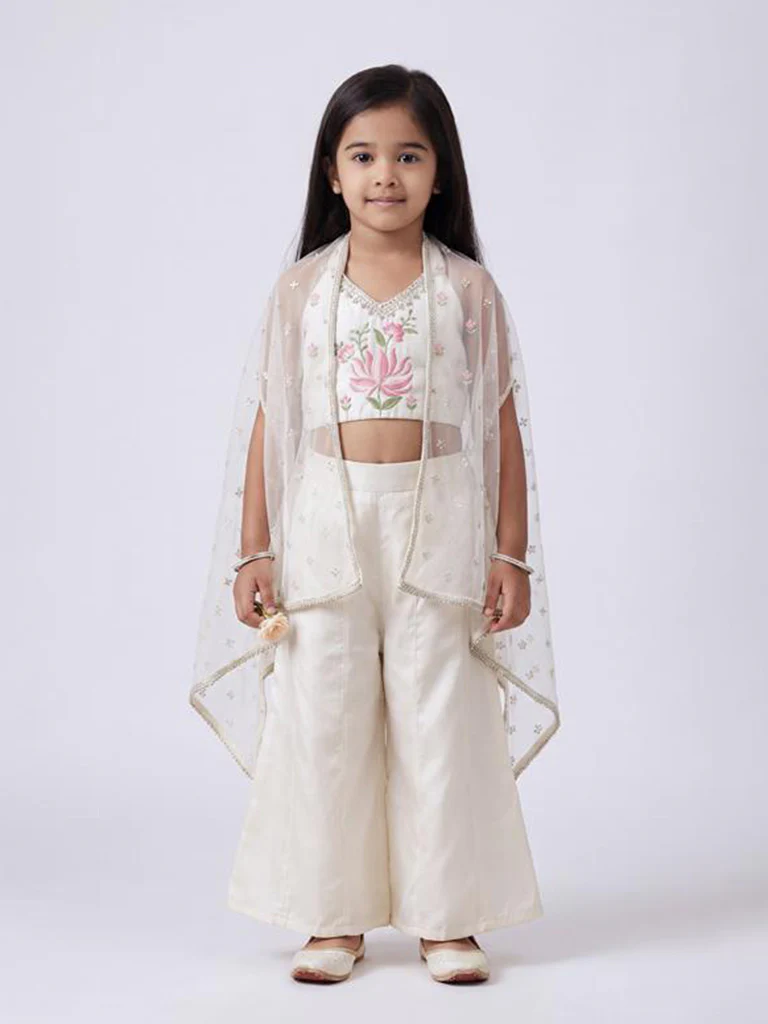 Utsa Kids Girls Off-White Floral Embroidered Top Palazzo and Shrug Set - (2-8 yrs)
