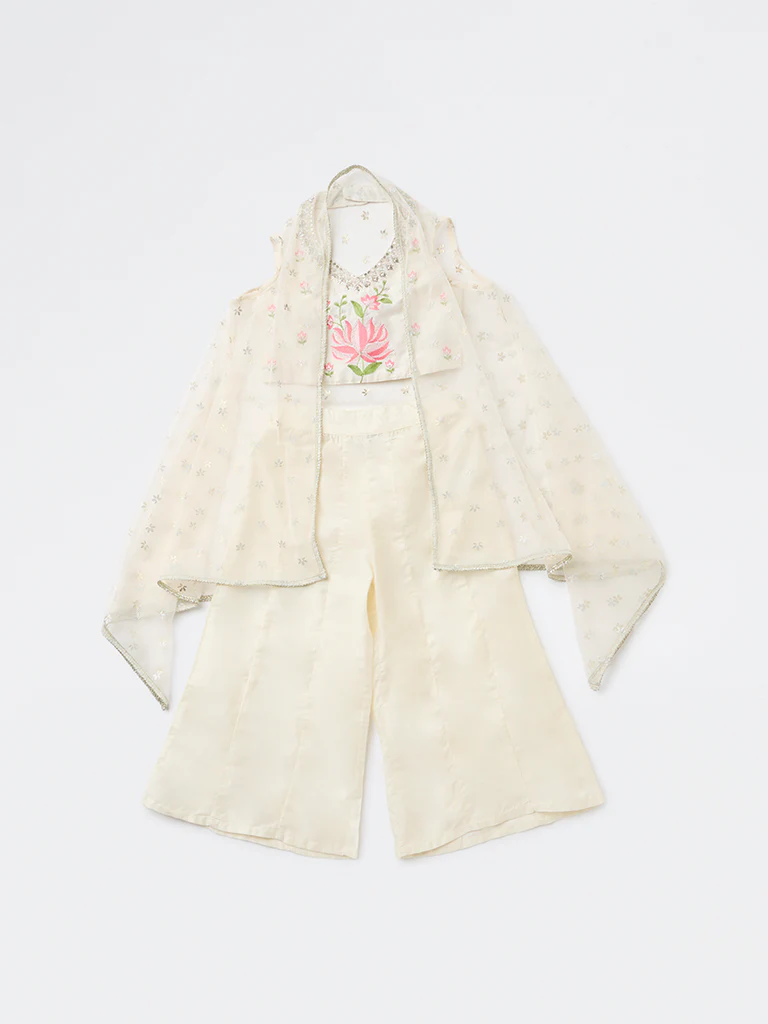 Utsa Kids Girls Off-White Floral Embroidered Top Palazzo and Shrug Set - (2-8 yrs) - Image 2