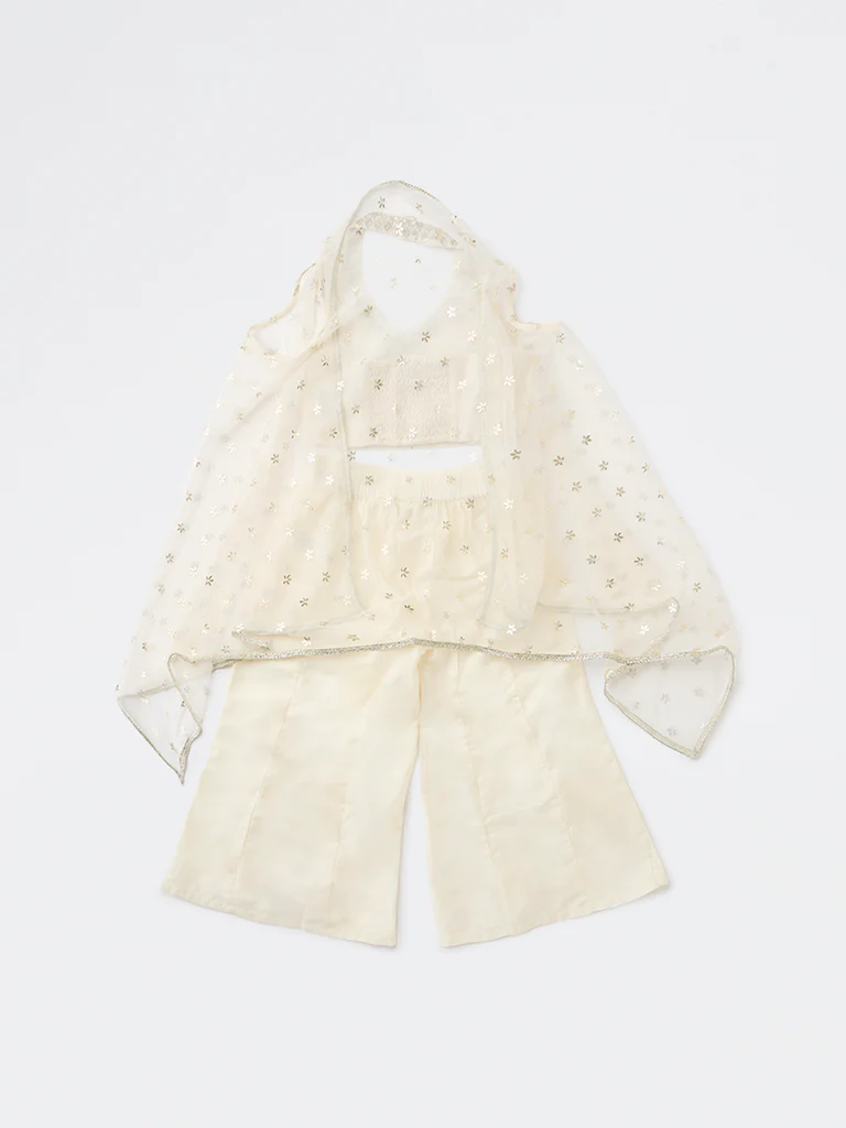 Utsa Kids Girls Off-White Floral Embroidered Top Palazzo and Shrug Set - (2-8 yrs) - Image 3