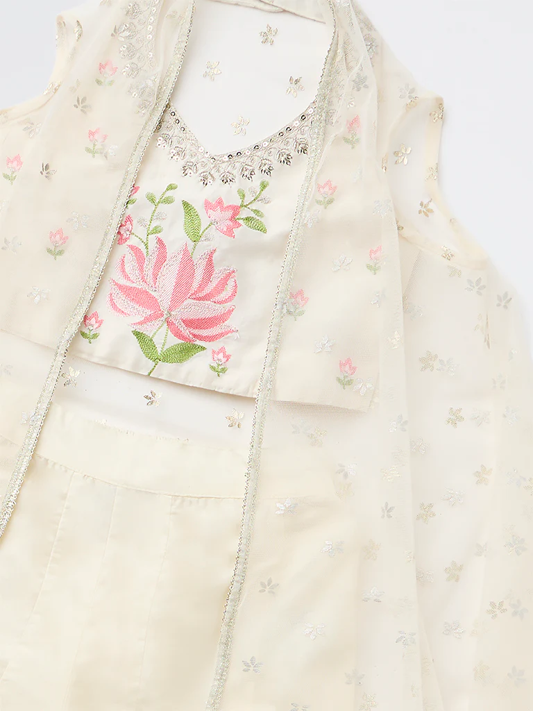 Utsa Kids Girls Off-White Floral Embroidered Top Palazzo and Shrug Set - (2-8 yrs) - Image 4