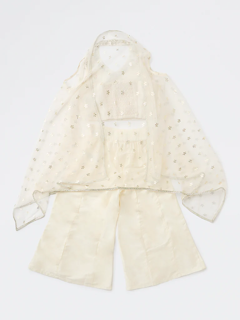 Utsa Kids Girls Off-White Floral Embroidered Top Palazzo and Shrug Set - (8-14 yrs) - Image 2