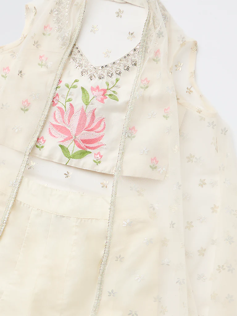 Utsa Kids Girls Off-White Floral Embroidered Top Palazzo and Shrug Set - (8-14 yrs) - Image 3