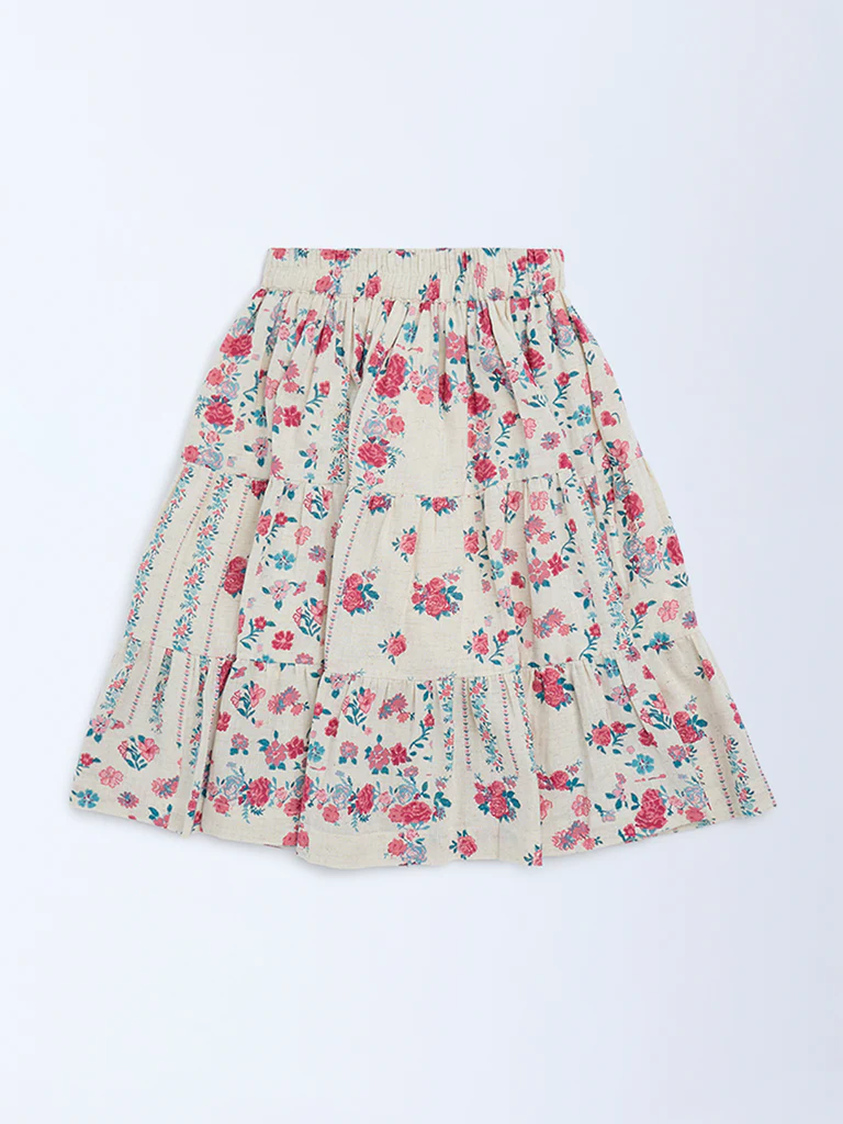 Utsa Kids Girls Off-White Floral Pattern Cotton-Blend Tiered Skirt - (2-8 yrs)
