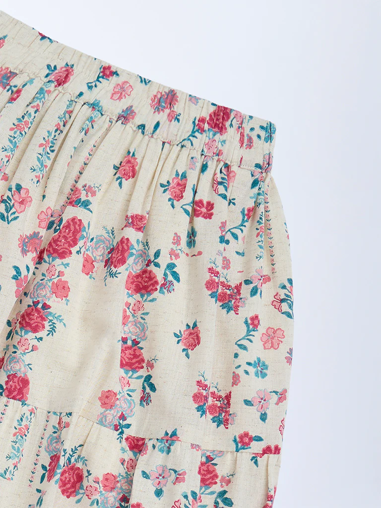 Utsa Kids Girls Off-White Floral Pattern Cotton-Blend Tiered Skirt - (8-14 yrs) - Image 3
