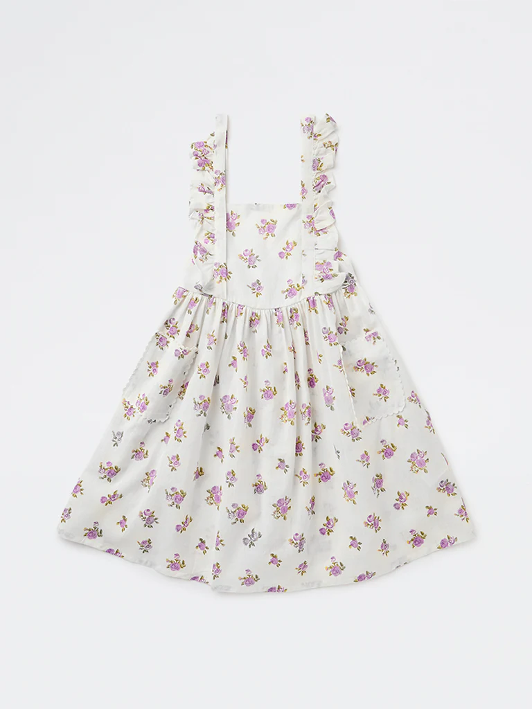 Utsa Kids Girls Off-White Floral Printed A-Line Cotton-Blend Dress - (2-8 yrs)