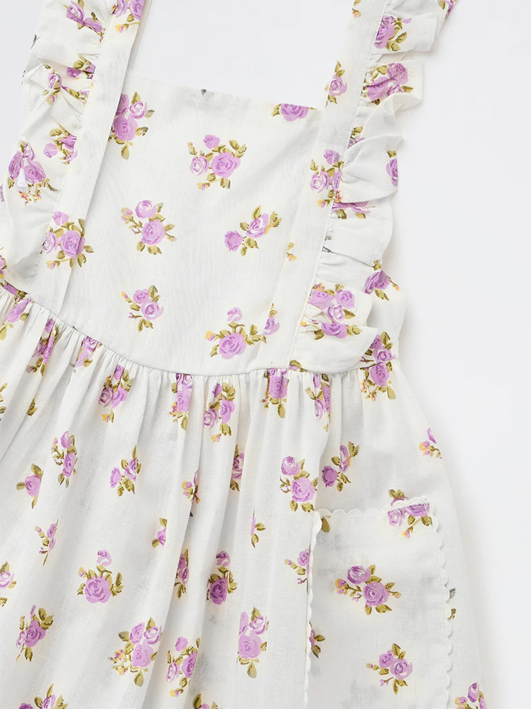 Utsa Kids Girls Off-White Floral Printed A-Line Cotton-Blend Dress - (2-8 yrs) - Image 3