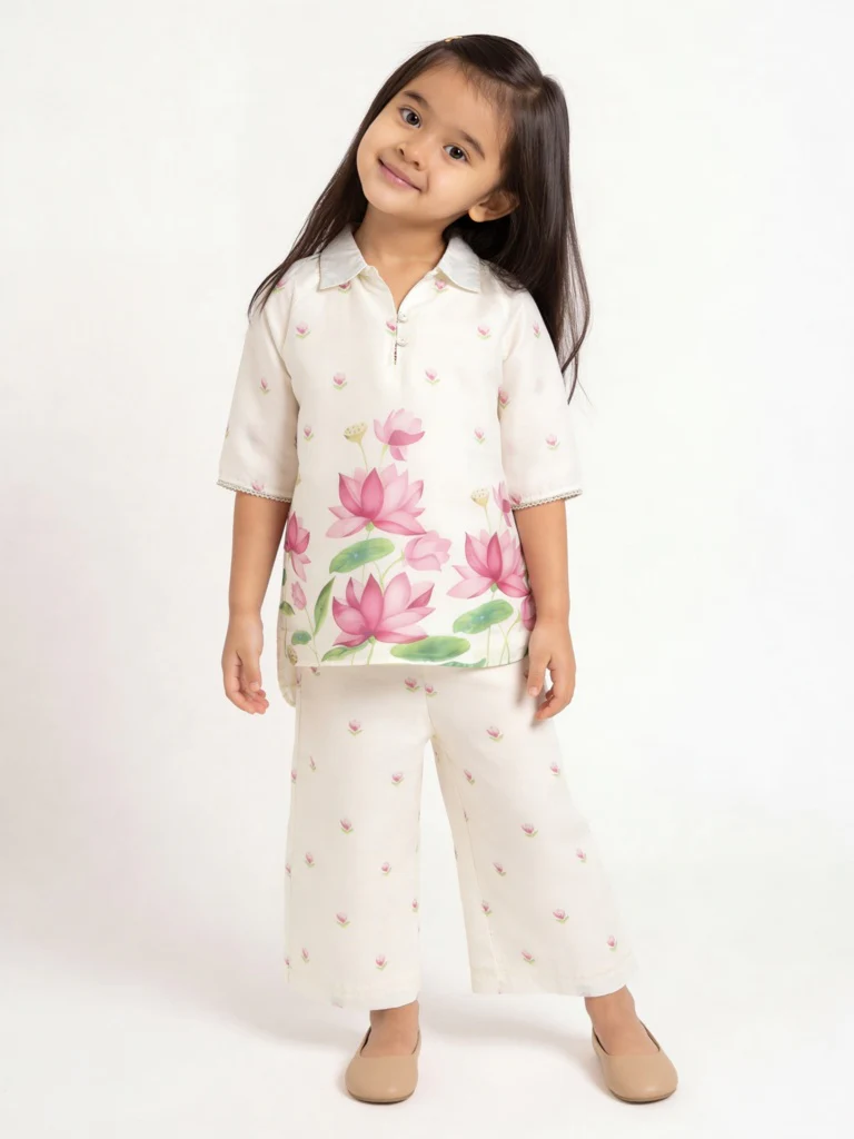 Utsa Kids Girls Off-White Floral Printed Blouse and Pants Set - (2-8 yrs)