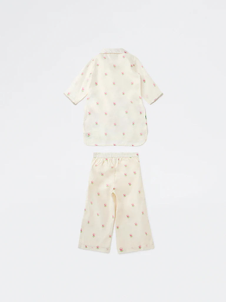 Utsa Kids Girls Off-White Floral Printed Blouse and Pants Set - (2-8 yrs) - Image 4