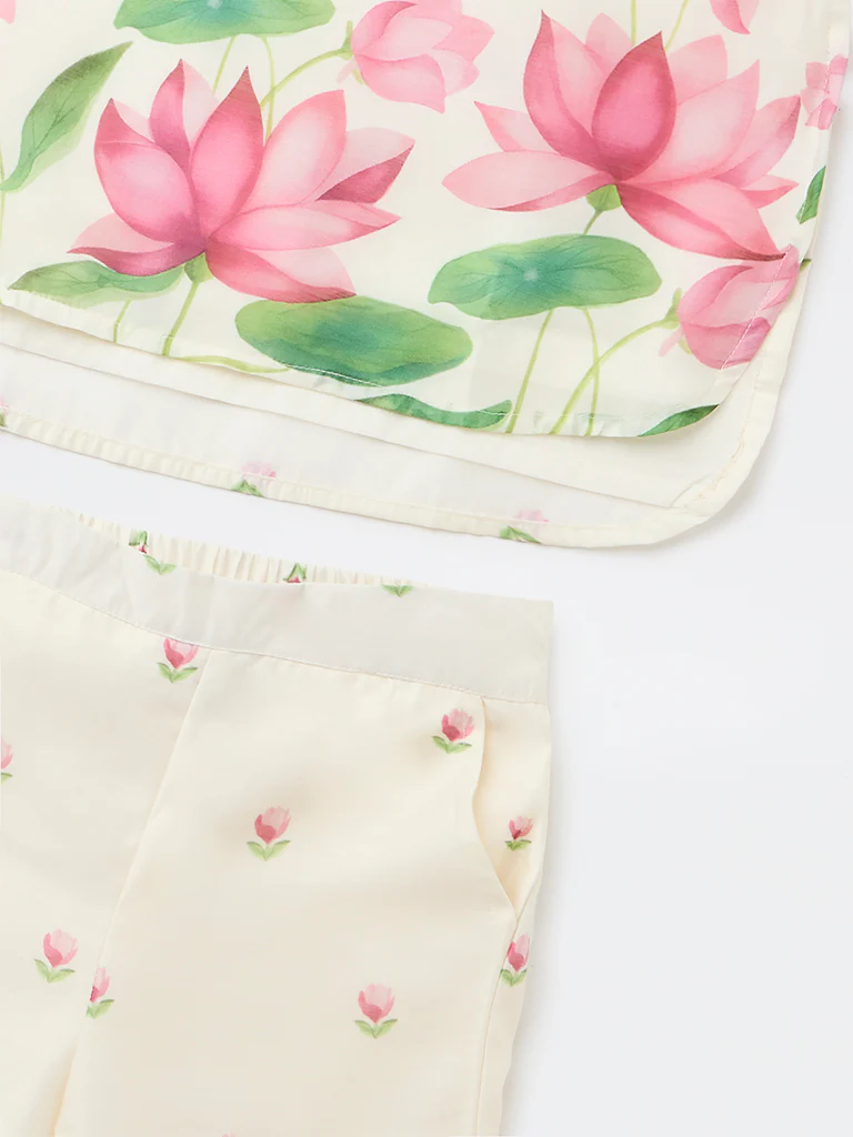 Utsa Kids Girls Off-White Floral Printed Blouse and Pants Set - (2-8 yrs) - Image 5