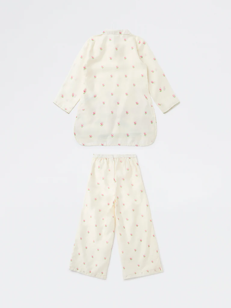 Utsa Kids Girls Off-White Floral Printed Blouse and Pants Set - (8-14 yrs) - Image 2