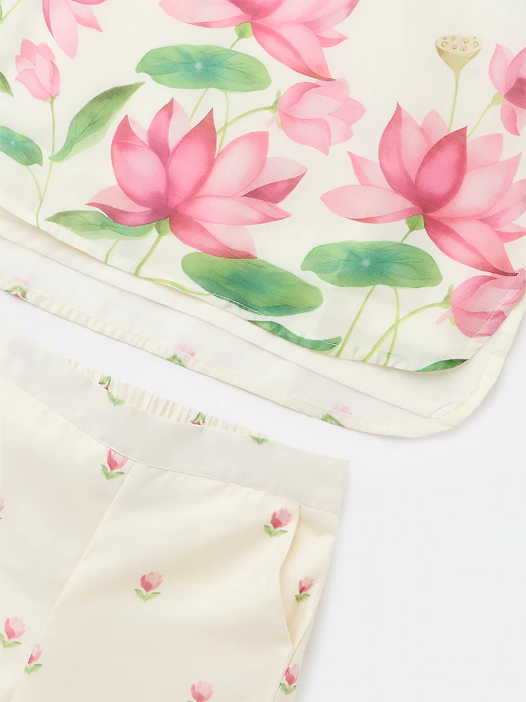 Utsa Kids Girls Off-White Floral Printed Blouse and Pants Set - (8-14 yrs) - Image 3