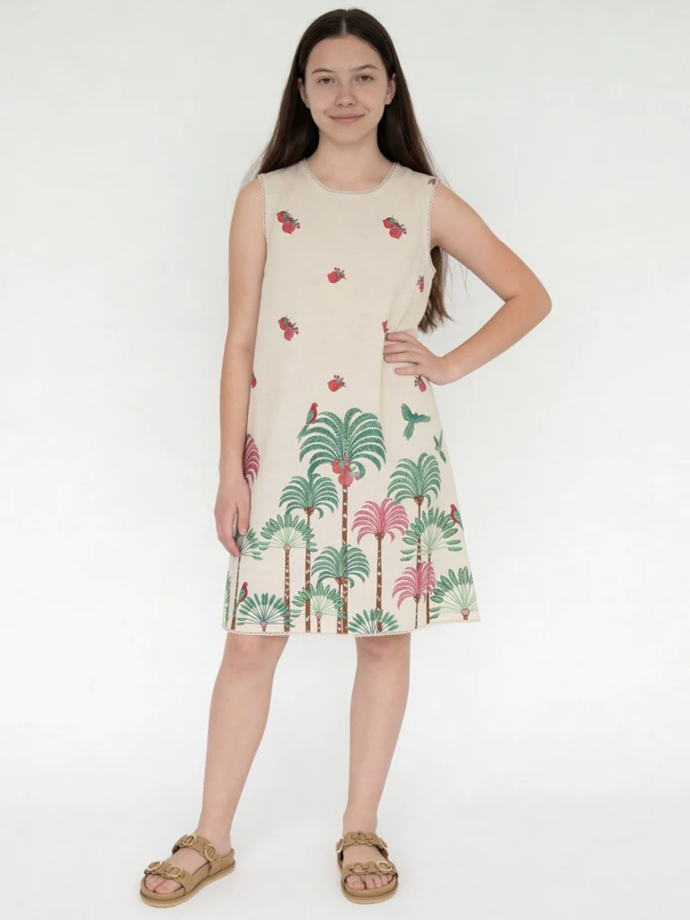 Utsa Kids Girls Off-White Nature-Inspired Cotton-Blend Shift Dress - (8-14 yrs)