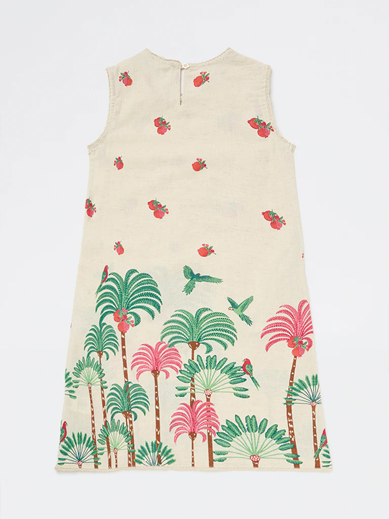 Utsa Kids Girls Off-White Nature-Inspired Cotton-Blend Shift Dress - (8-14 yrs) - Image 4