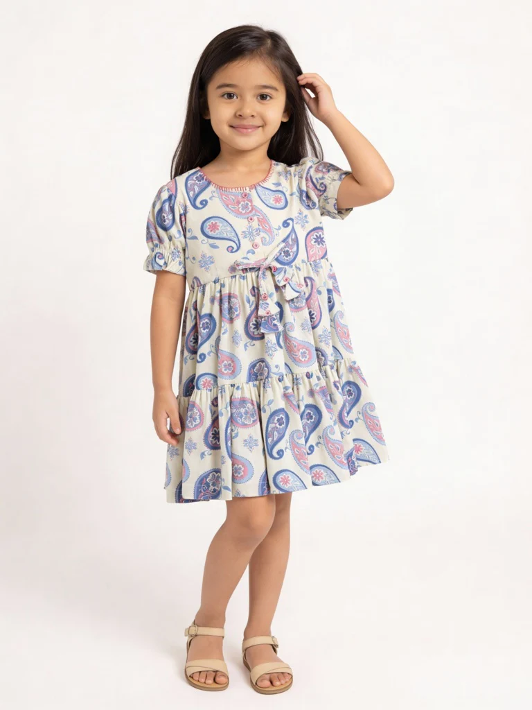 Utsa Kids Girls Off-White Paisley Printed Cotton-Blend Flared Tiered Dress - (2-8 yrs)