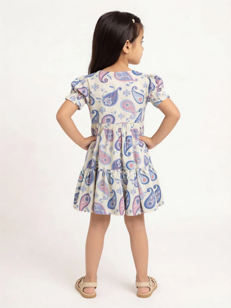Utsa Kids Girls Off-White Paisley Printed Cotton-Blend Flared Tiered Dress - (2-8 yrs) - Image 2