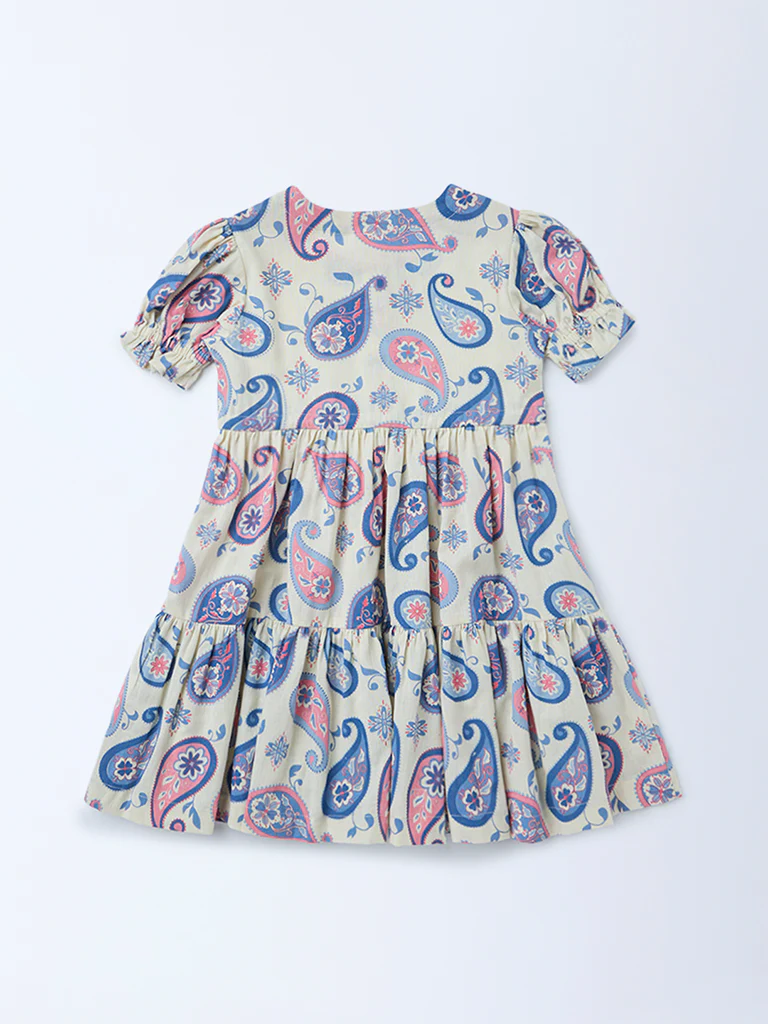 Utsa Kids Girls Off-White Paisley Printed Cotton-Blend Flared Tiered Dress - (2-8 yrs) - Image 4