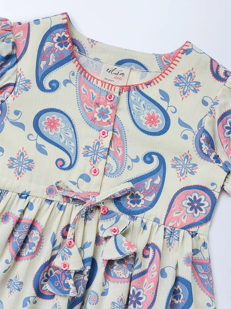Utsa Kids Girls Off-White Paisley Printed Cotton-Blend Flared Tiered Dress - (2-8 yrs) - Image 5