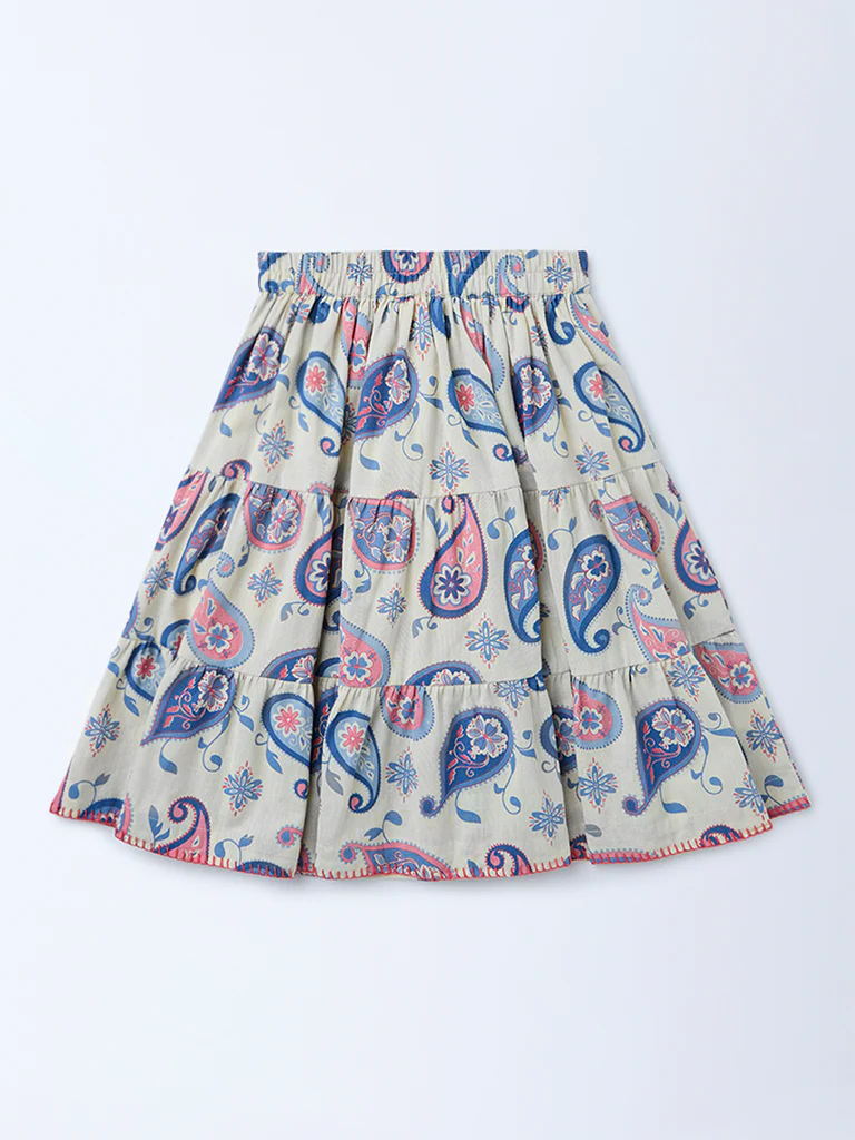 Utsa Kids Girls Off-White Paisley Printed Cotton-Blend Flared Tiered Skirt - (2-8 yrs) - Image 3