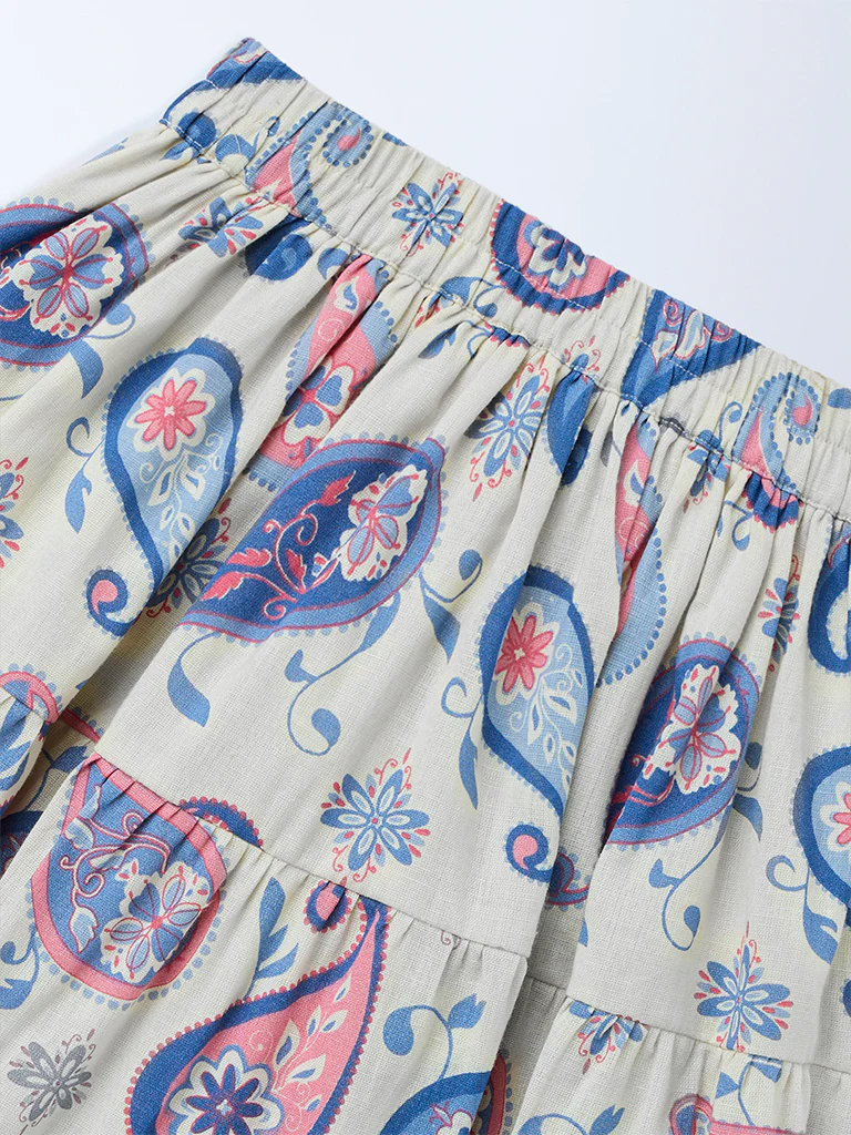 Utsa Kids Girls Off-White Paisley Printed Cotton-Blend Flared Tiered Skirt - (2-8 yrs) - Image 5