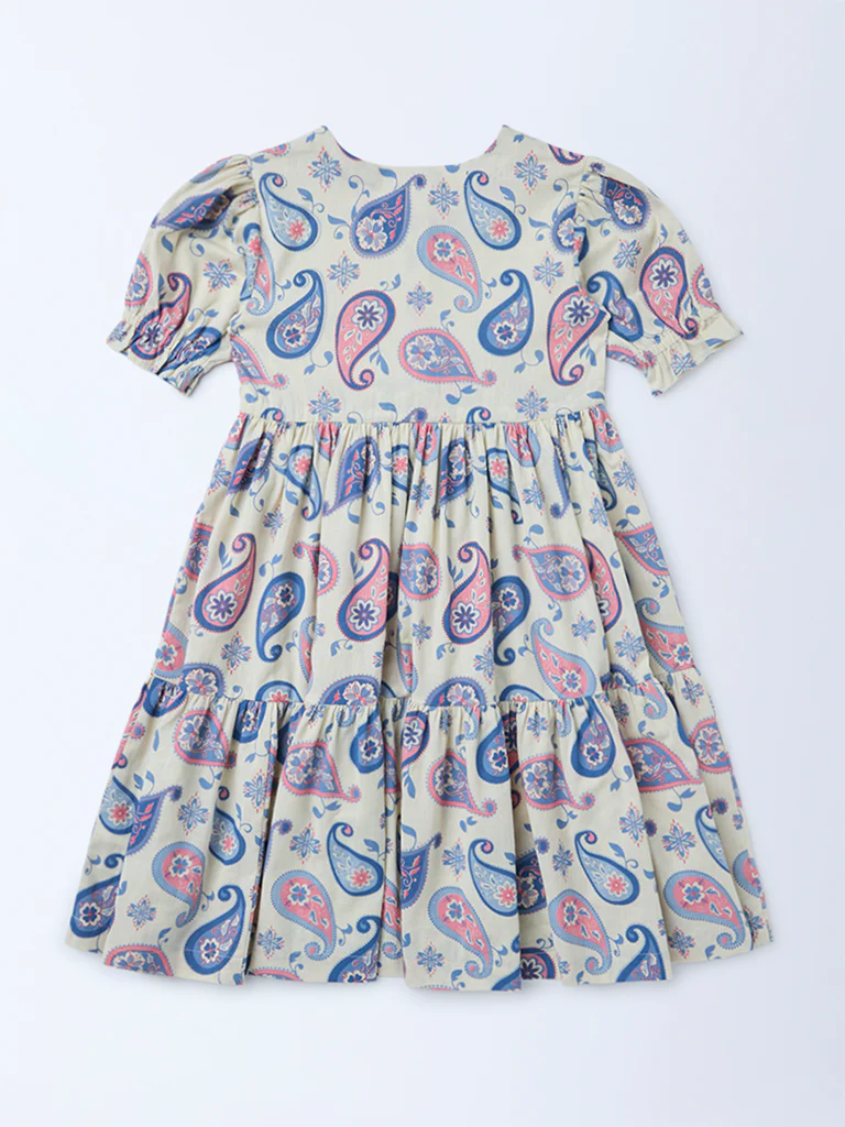 Utsa Kids Girls Off-White Paisley Printed Cotton-Blend Tiered Dress - (8-14 yrs) - Image 2
