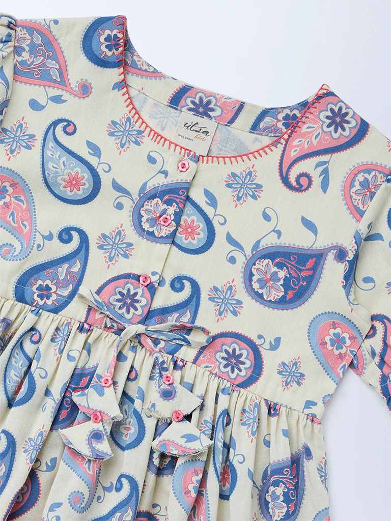Utsa Kids Girls Off-White Paisley Printed Cotton-Blend Tiered Dress - (8-14 yrs) - Image 3