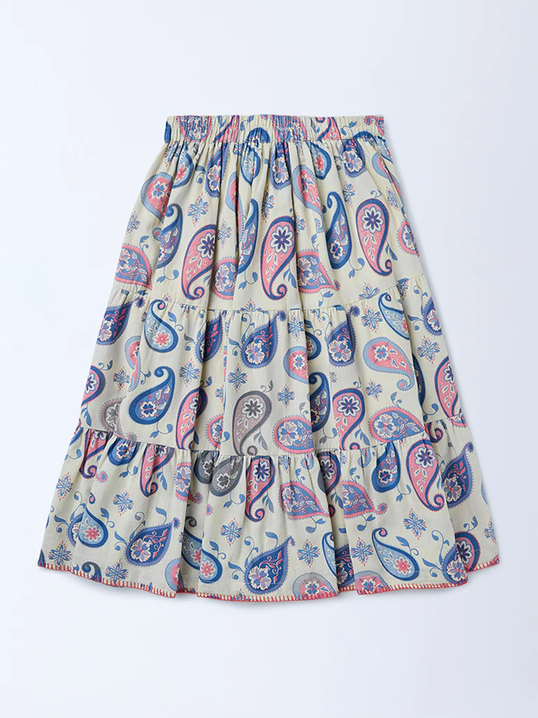 Utsa Kids Girls Off-White Paisley Printed Cotton-Blend Tiered Skirt - (8-14 yrs) - Image 2