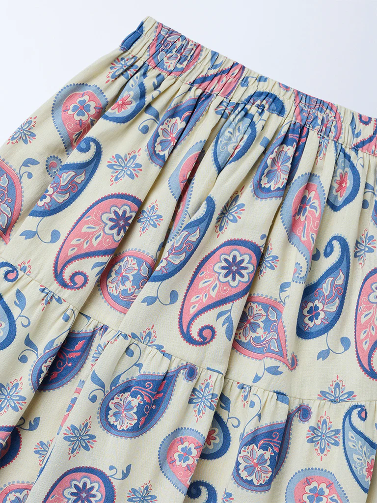 Utsa Kids Girls Off-White Paisley Printed Cotton-Blend Tiered Skirt - (8-14 yrs) - Image 3