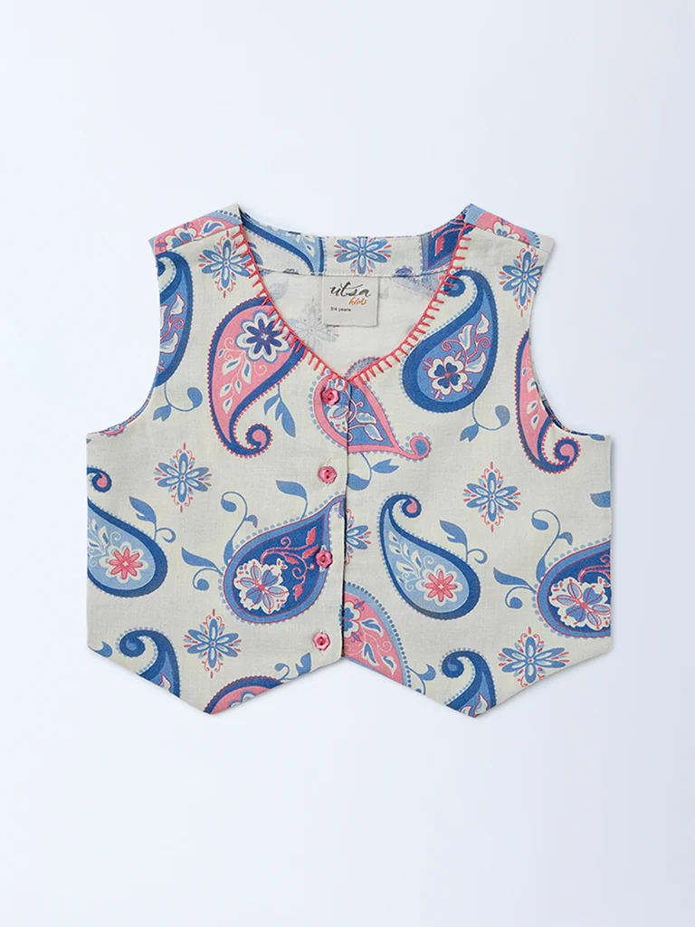 Utsa Kids Girls Off-White Paisley Printed Cotton-Blend Waistcoat - (2-8 yrs) - Image 3