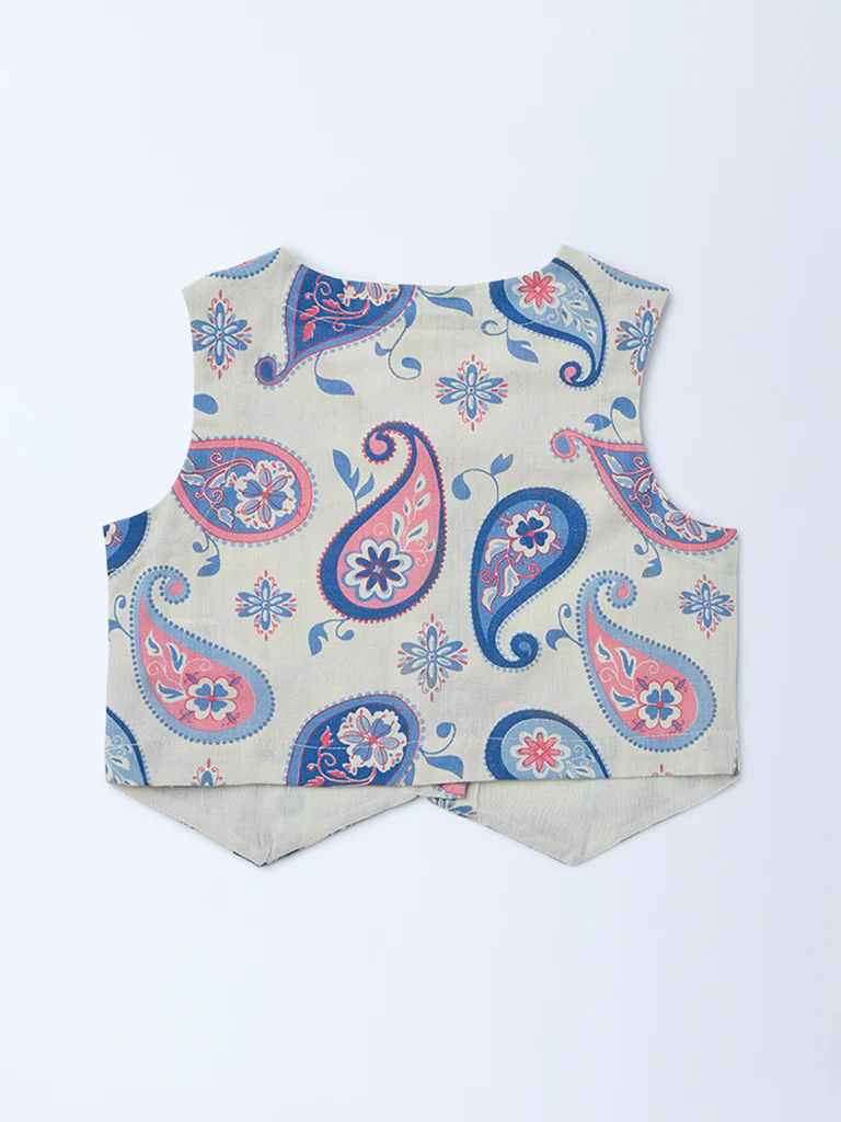 Utsa Kids Girls Off-White Paisley Printed Cotton-Blend Waistcoat - (2-8 yrs) - Image 4