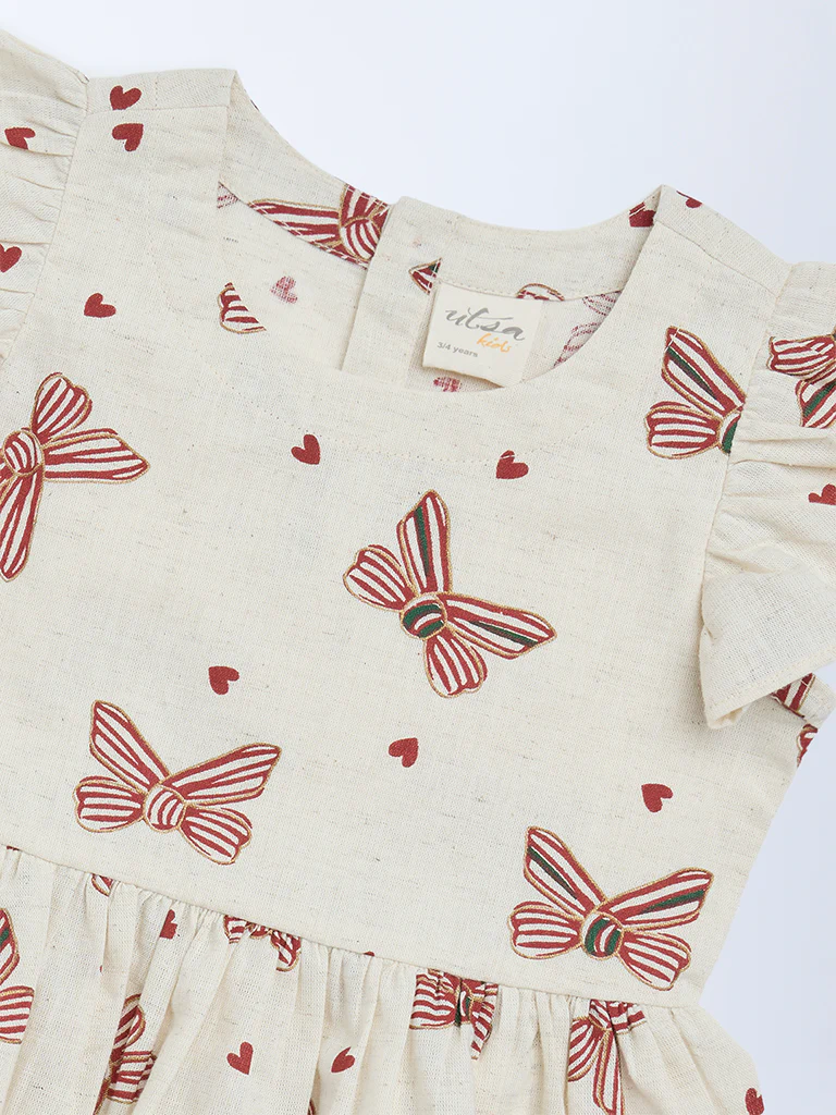Utsa Kids Girls Off-White Printed Cotton-Blend Top - (2-8 yrs) - Image 3