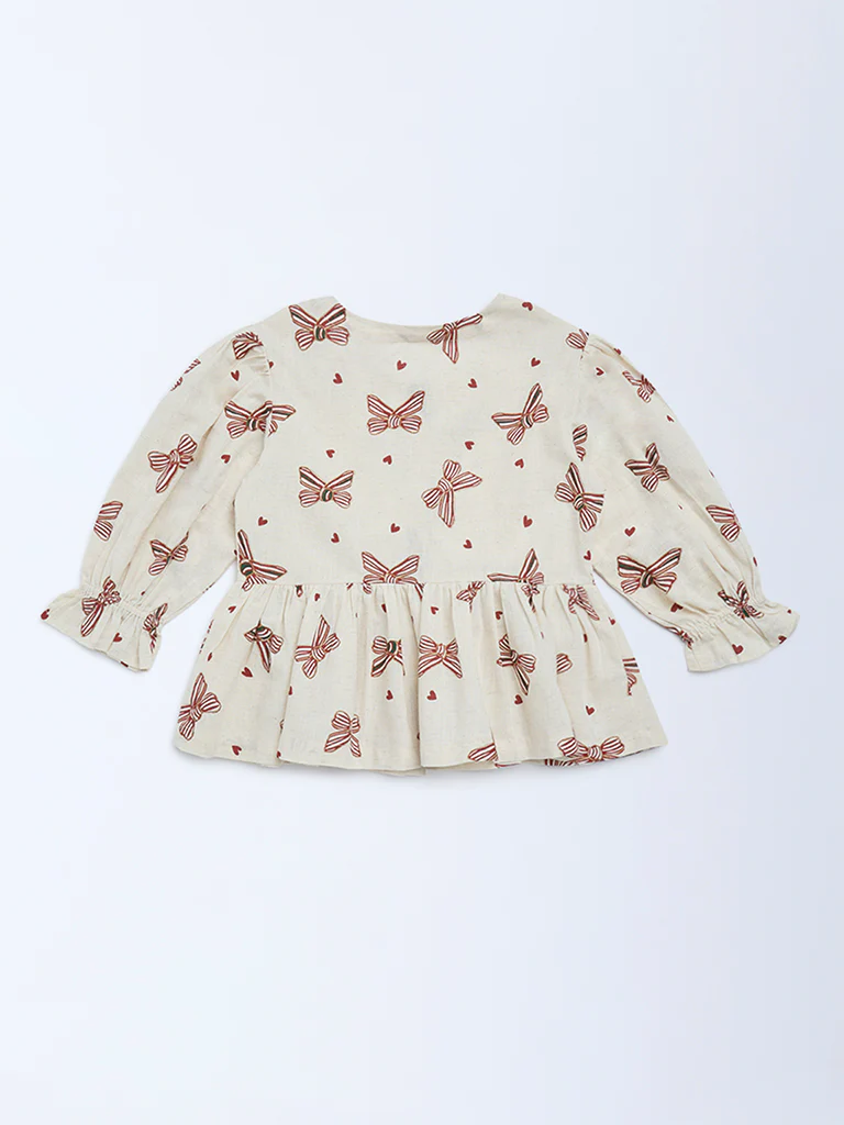 Utsa Kids Girls Off-White Printed Cotton-Blend Top - (8-14 yrs) - Image 2