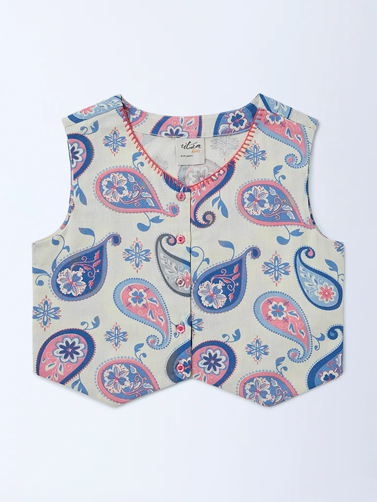 Utsa Kids Girls Off-White Printed Cotton-Blend Waistcoat - (8-14 yrs)