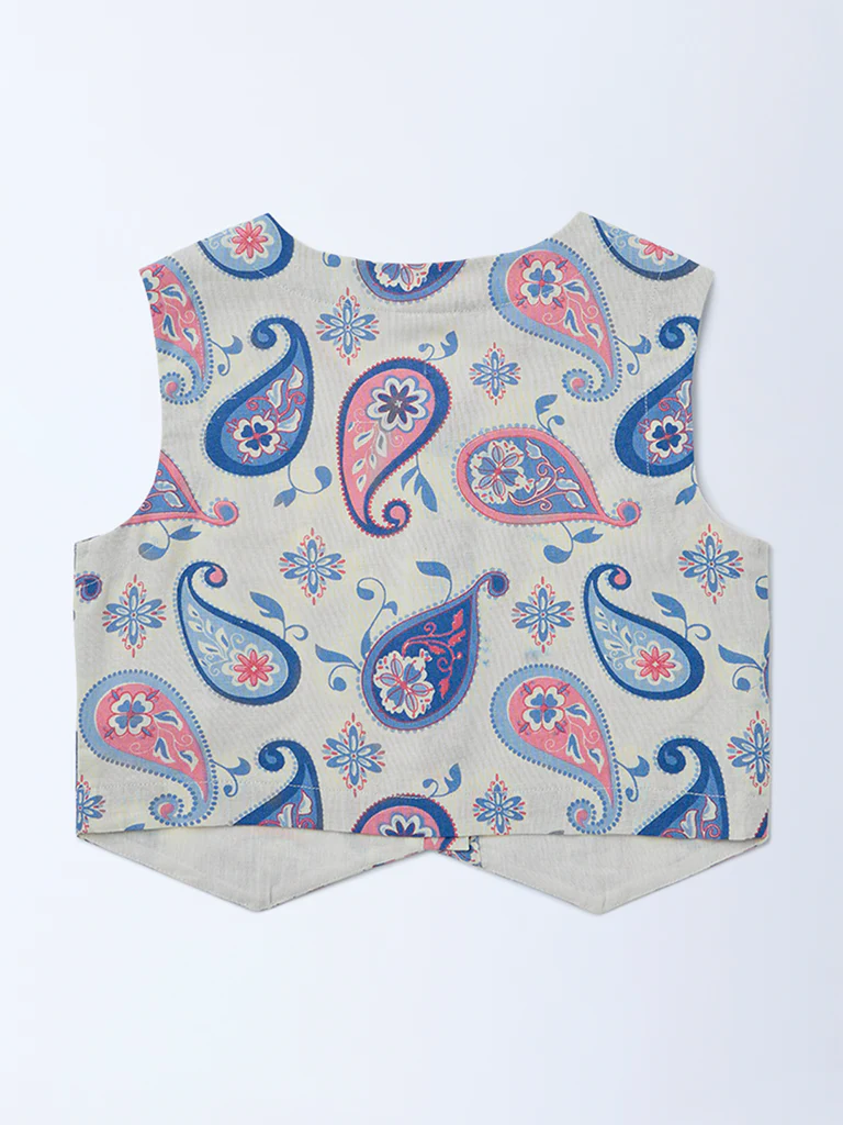 Utsa Kids Girls Off-White Printed Cotton-Blend Waistcoat - (8-14 yrs) - Image 2