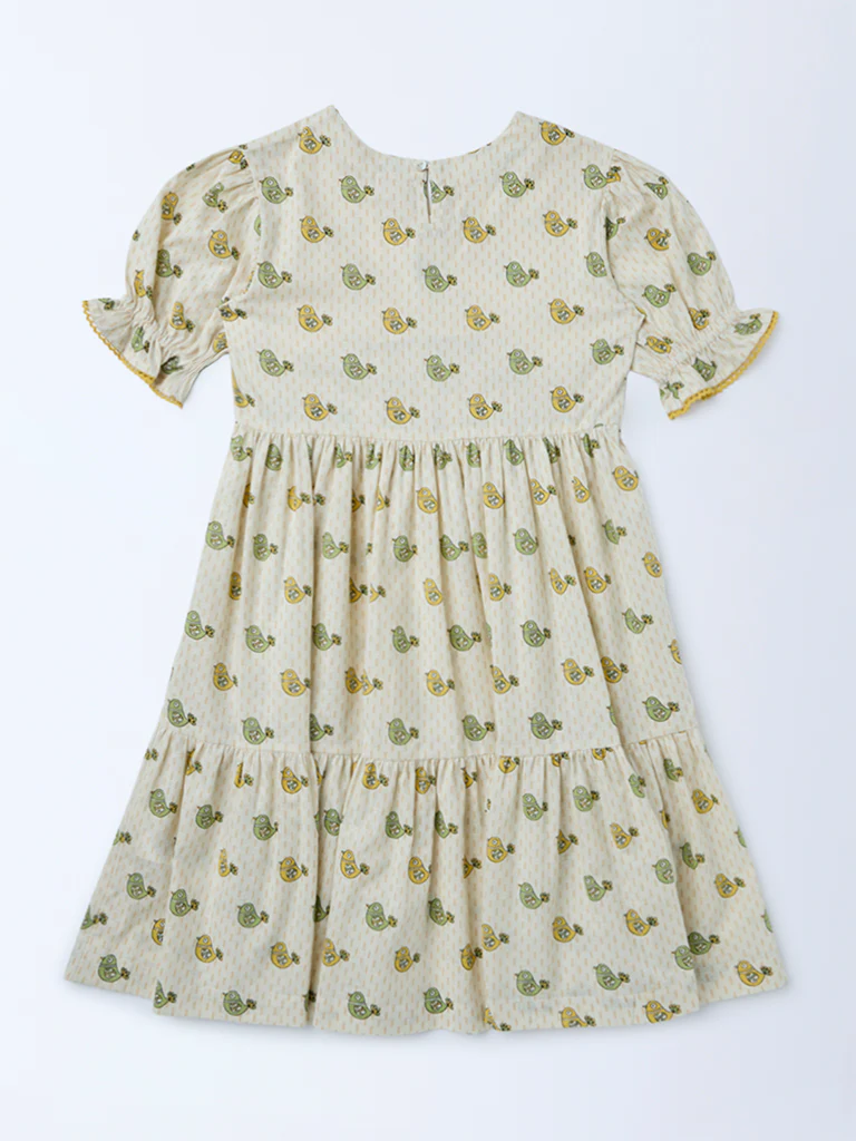 Utsa Kids Girls Off-White Printed Cotton Dress - (8-14 yrs) - Image 2