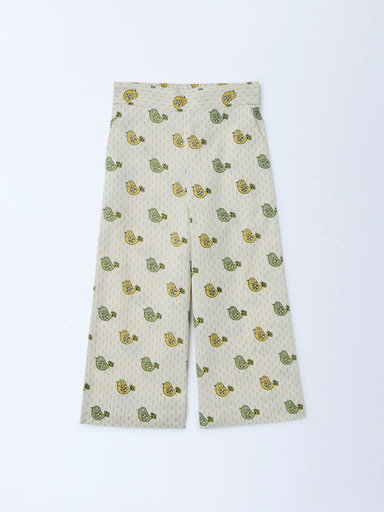 Utsa Kids Girls Off-White Printed Cotton Ethnic Pants - (2-8 yrs) - Image 3