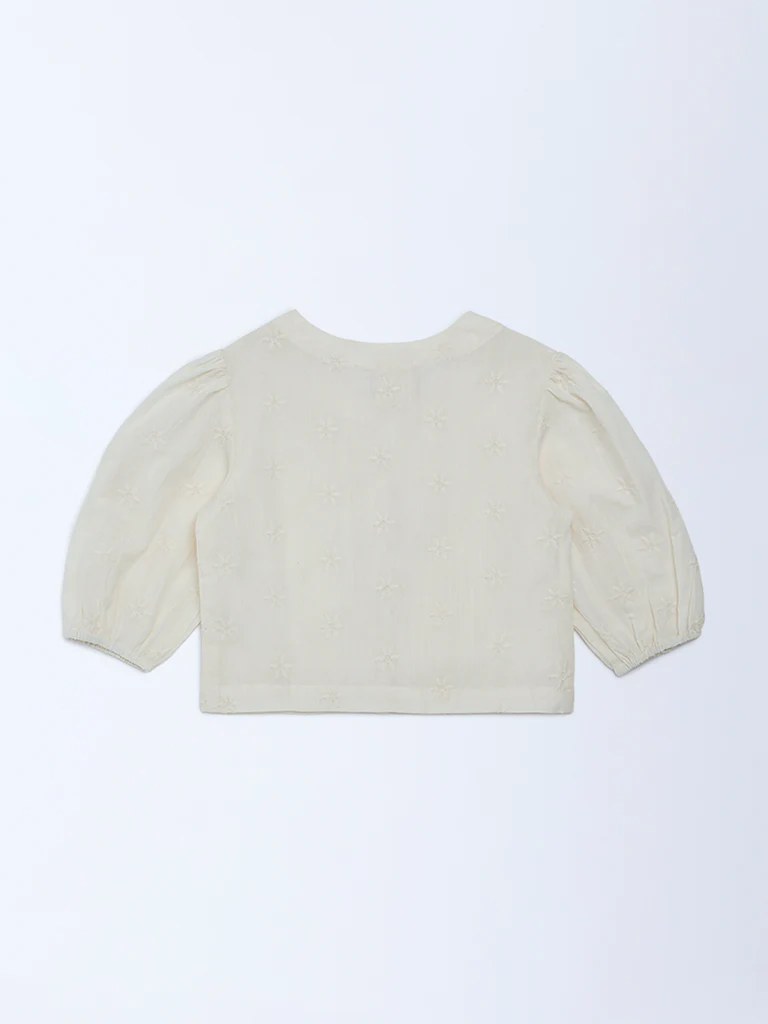 Utsa Kids Girls Off-White Schiffli Embroidered Cotton Top - (2-8 yrs) - Image 2