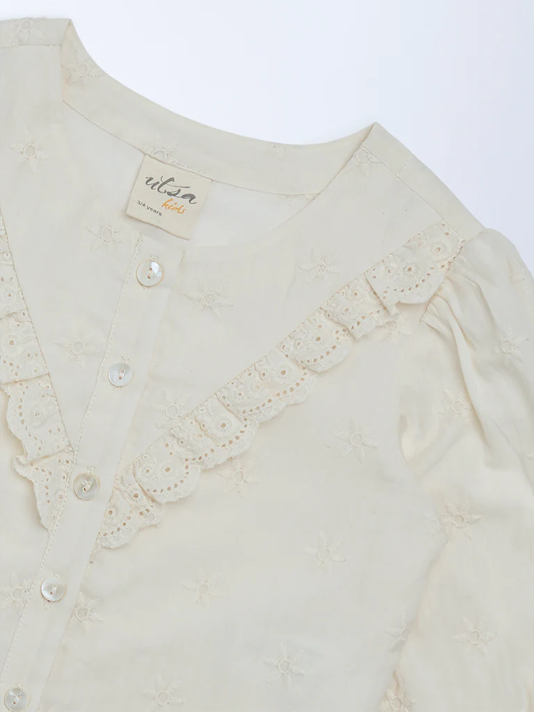 Utsa Kids Girls Off-White Schiffli Embroidered Cotton Top - (2-8 yrs) - Image 3