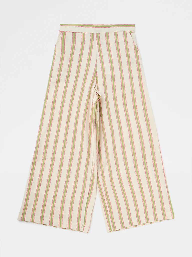 Utsa Kids Girls Off-White Striped Cotton-Blend Ethnic Pants - (8-14 yrs) - Image 3