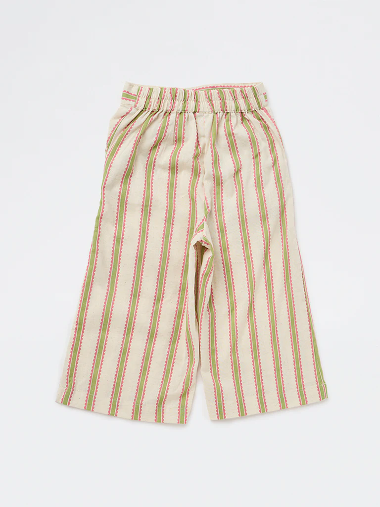 Utsa Kids Girls Off-White Striped High-Rise Cotton-Blend Pants - (2-8 yrs) - Image 4