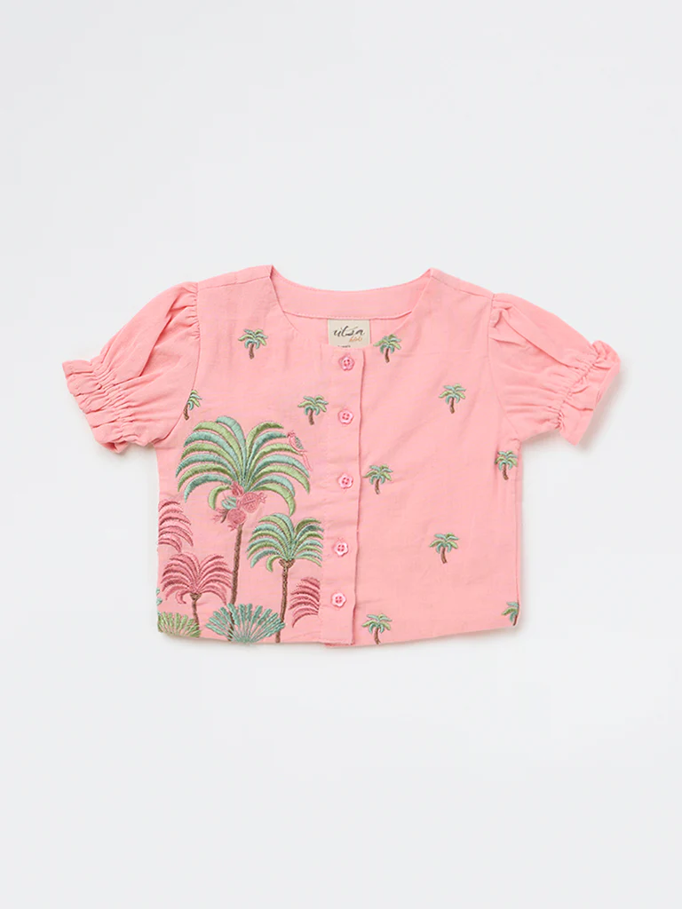 Utsa Kids Girls Pink Botanical Embroidered Cotton-Blend Top - (2-8 yrs) - Image 3