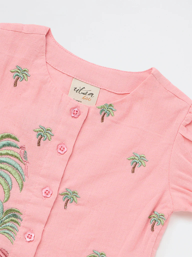 Utsa Kids Girls Pink Botanical Embroidered Cotton-Blend Top - (2-8 yrs) - Image 5