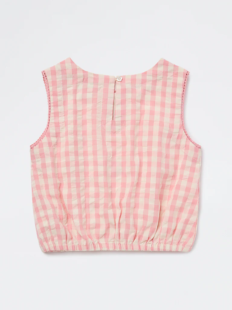 Utsa Kids Girls Pink Checkered Cotton Top - (8-14 yrs) - Image 2