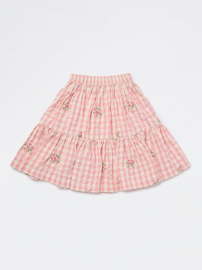 Utsa Kids Girls Pink Checkered Tiered Cotton Skirt - (2-8 yrs)