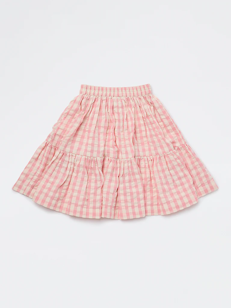 Utsa Kids Girls Pink Checkered Tiered Cotton Skirt - (2-8 yrs) - Image 2