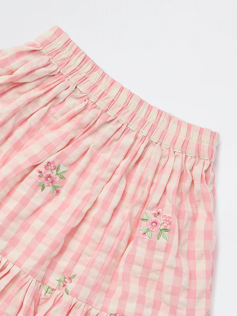 Utsa Kids Girls Pink Checkered Tiered Cotton Skirt - (2-8 yrs) - Image 3