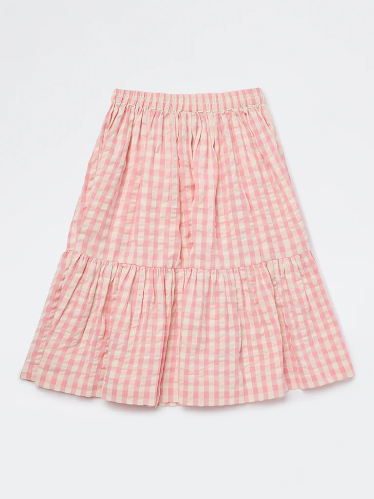 Utsa Kids Girls Pink Checkered Tiered Cotton Skirt - (8-14 yrs) - Image 2