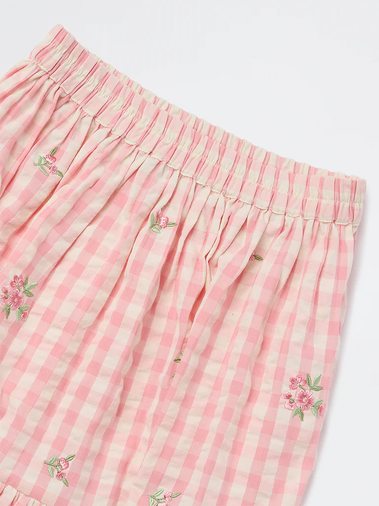 Utsa Kids Girls Pink Checkered Tiered Cotton Skirt - (8-14 yrs) - Image 3